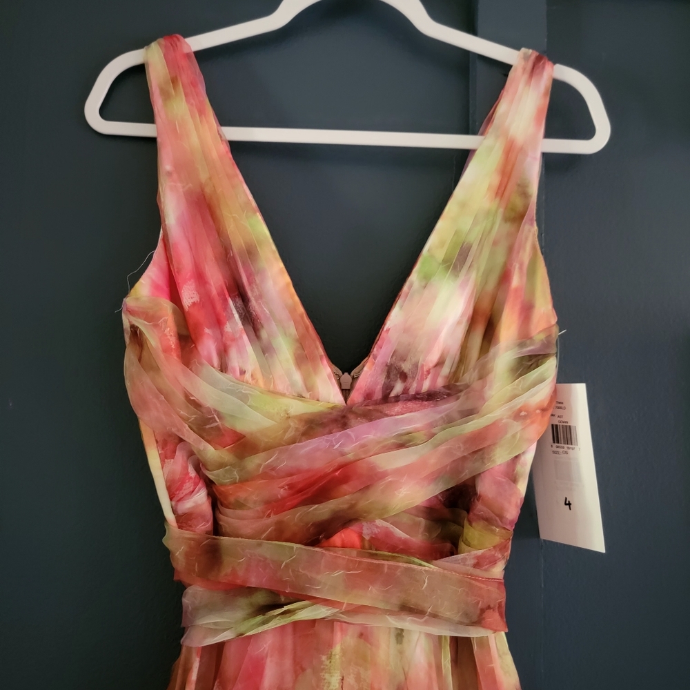 NWT Theia Faye Painterly Bow Organza Lightweight Chiffon Flowy A-line Gown 4‎ - Picture 7 of 15
